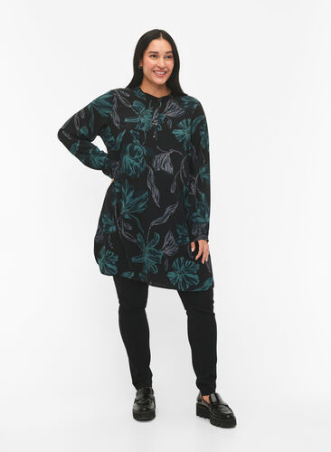 FLASH - Floral tunic with long sleeves, Black Scarab Flower, Model image number 2