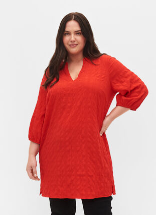 Textured tunic with 3/4 sleeves, Fiery Red, Model image number 0
