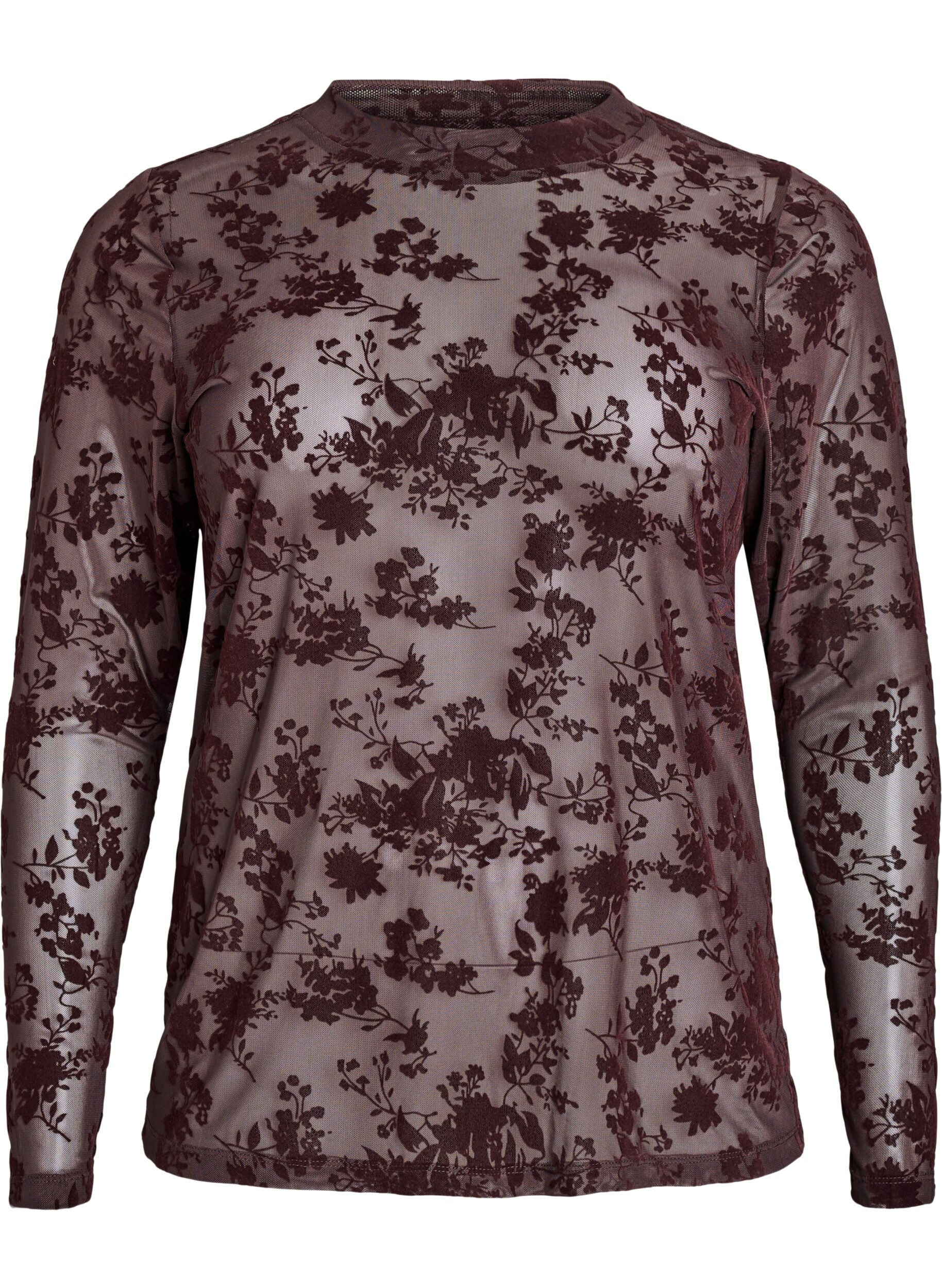 Zizzifashion Mesh blouse with floral pattern, Brown, Packshot image number 0