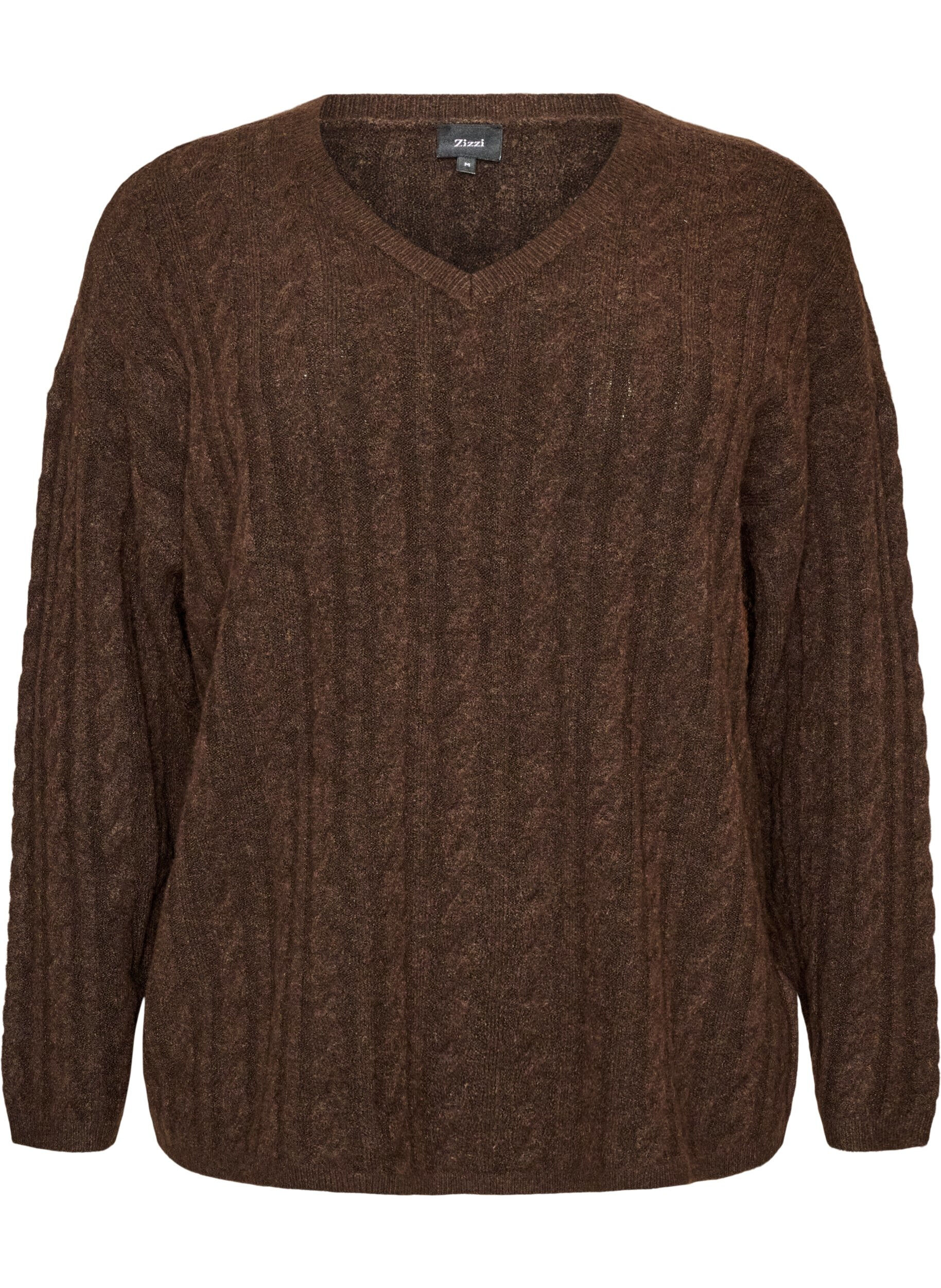 ZizzifashionKnitted blouse with cable knit and V-neck, Brown, Packshot image number 0
