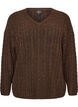 Knitted blouse with cable knit and V-neck, Brown, Packshot image number 0