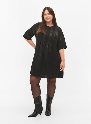A-line dress with stripes and 1/2 sleeves, Black, Model image number 2