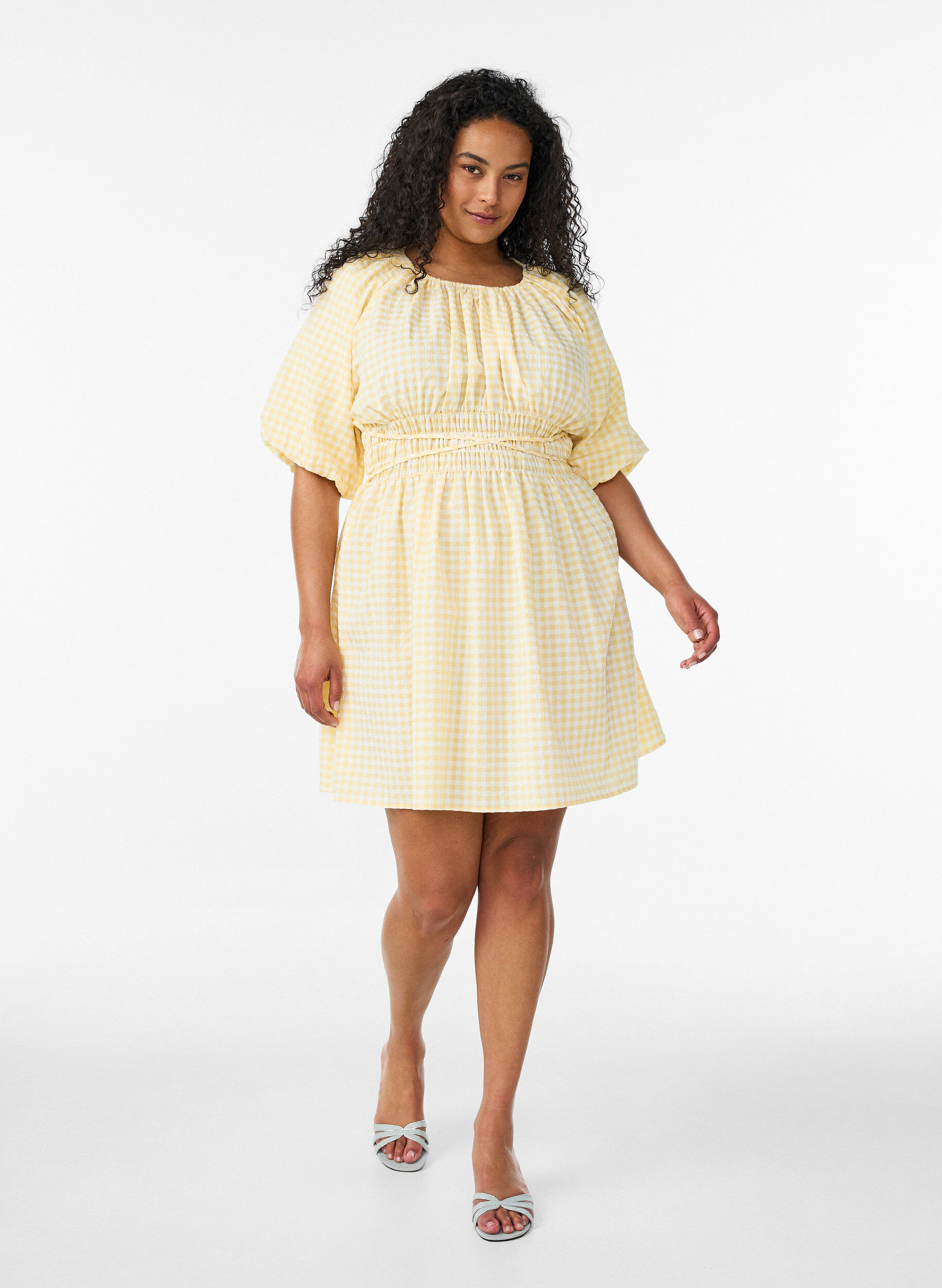 ZizzifashionShort small check dress with balloon sleeves, Yellow, Model image number 1