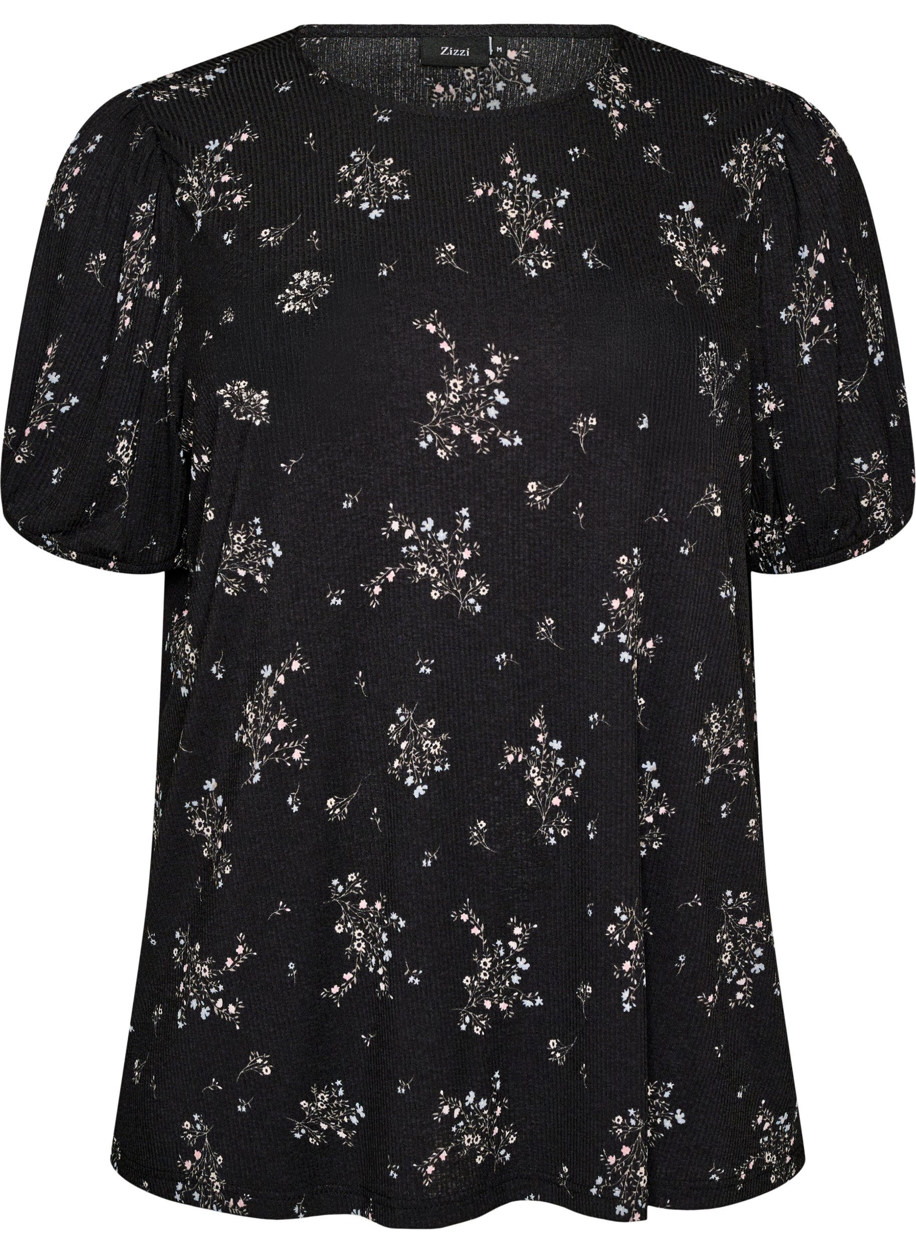 ZizzifashionPatterned blouse with short sleeves, Black, Packshot image number 0
