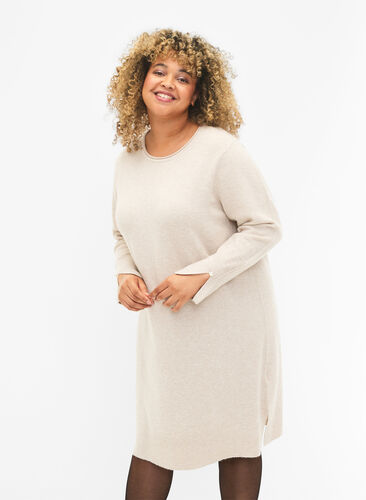 Knitted dress with slit in the sleeves, Pumice Stone Mel., Model image number 0