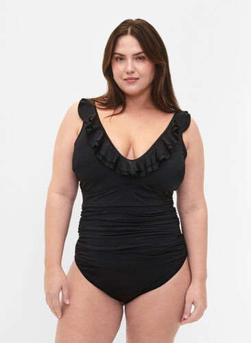 Swimsuit with ruffles and removable inserts, Black, Model image number 0