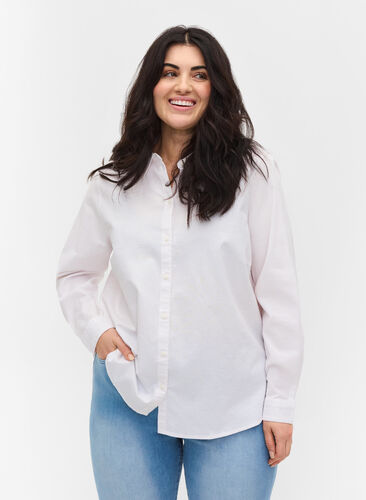 Long-sleeved shirt in cotton, Bright White, Model image number 0