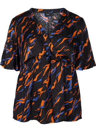 Short-sleeved viscose blouse with print, Black Tiger AOP, Packshot image number 0
