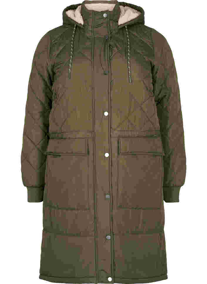 Quilted jacket with hood and adjustable waist, Forest Night, Packshot image number 0