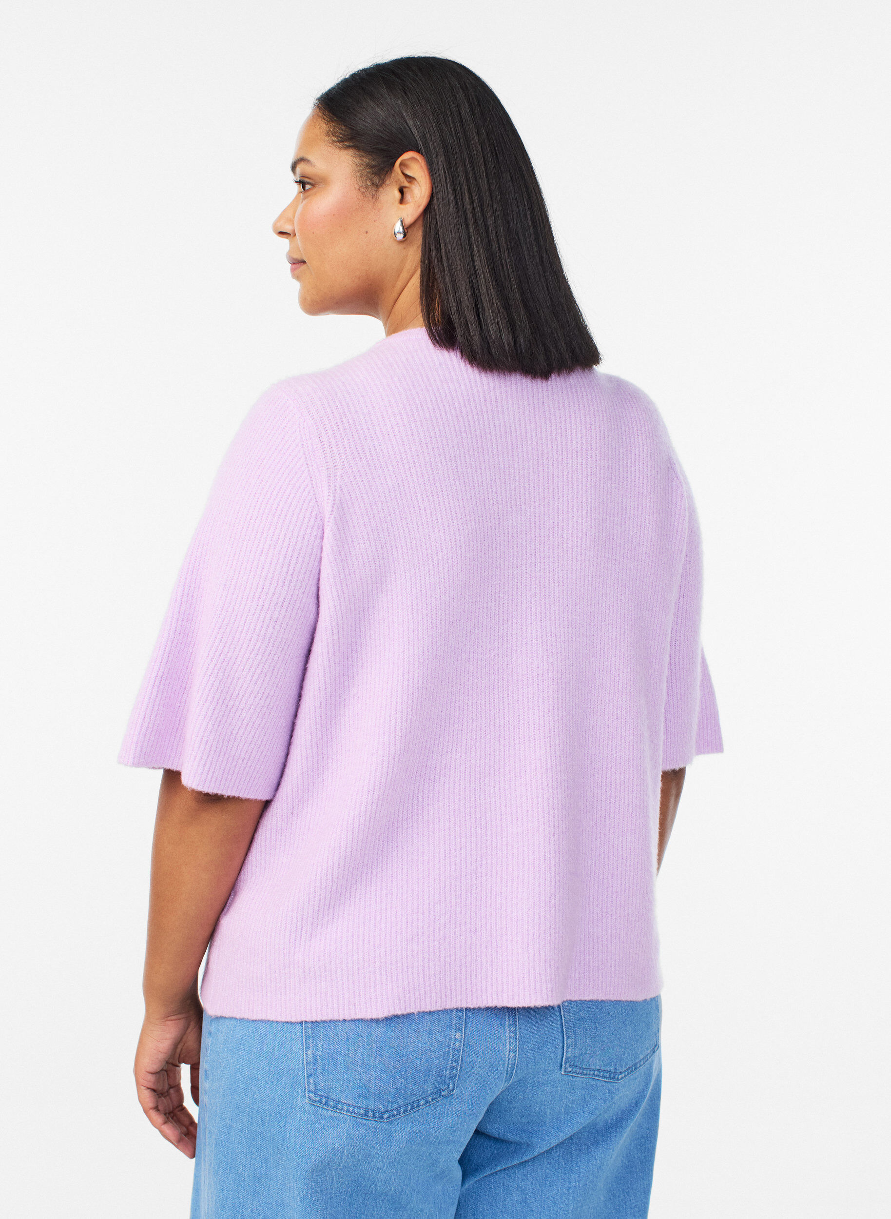 Zizzifashion Short-sleeved knit cardigan with shiny ball buttons, Purple, Model image number 2