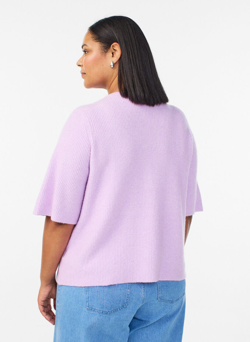 Short-sleeved knit cardigan with shiny ball buttons, Purple, Model image number 2