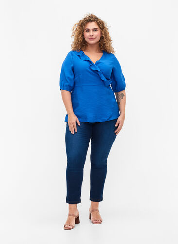 Wrap blouse in viscose with 1/2 sleeves, Olympian Blue, Model image number 2