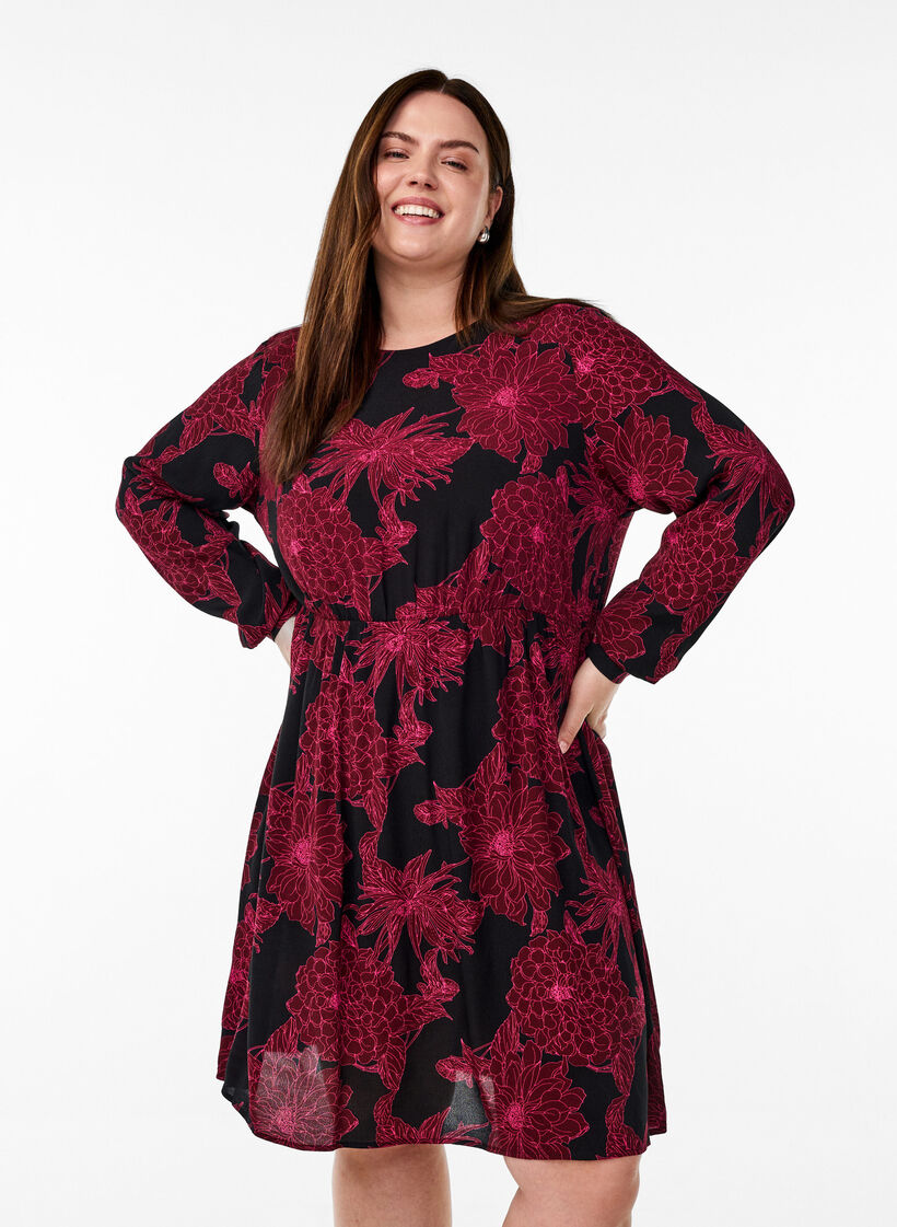 Viscose dress with print and long sleeves, Dark Bordeaux, Model image number 0