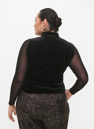 Velvet blouse with long mesh sleeves	, Black, Model image number 1