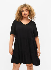 Single colored viscose tunic with short sleeves, Black, Model