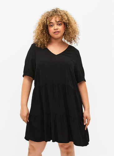 Single colored viscose tunic with short sleeves, Black, Model image number 0