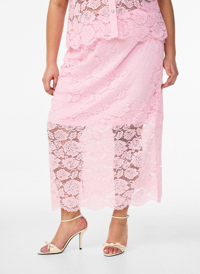 Lace midi skirt with an elasticated waist, Rose, Model image number 2