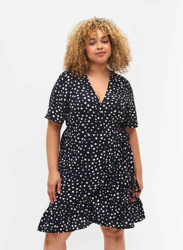 Printed wrap dress with short sleeves, Night Sky Dot, Model image number 0