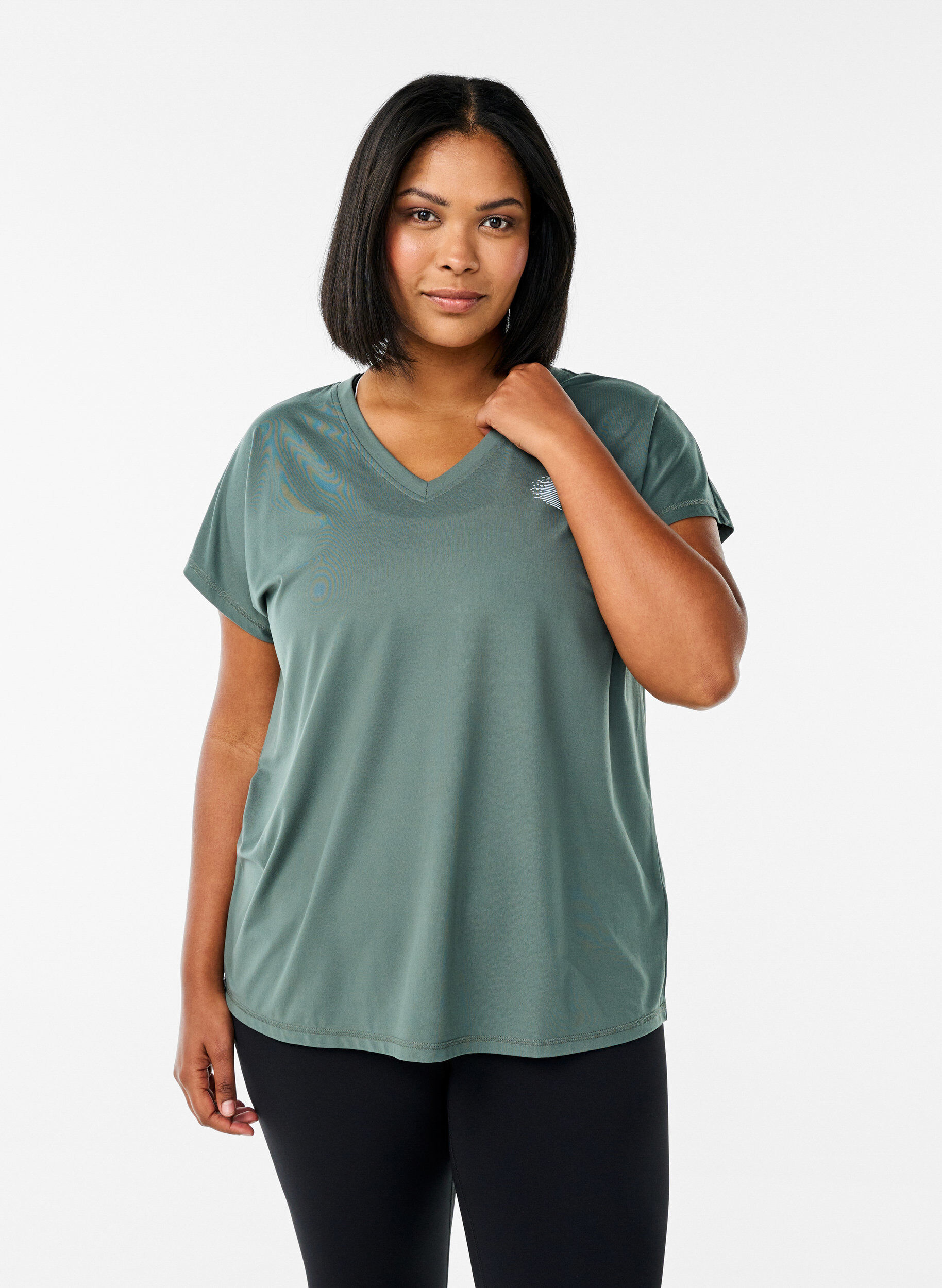 Loose training t-shirt with v-neck, Green, Model