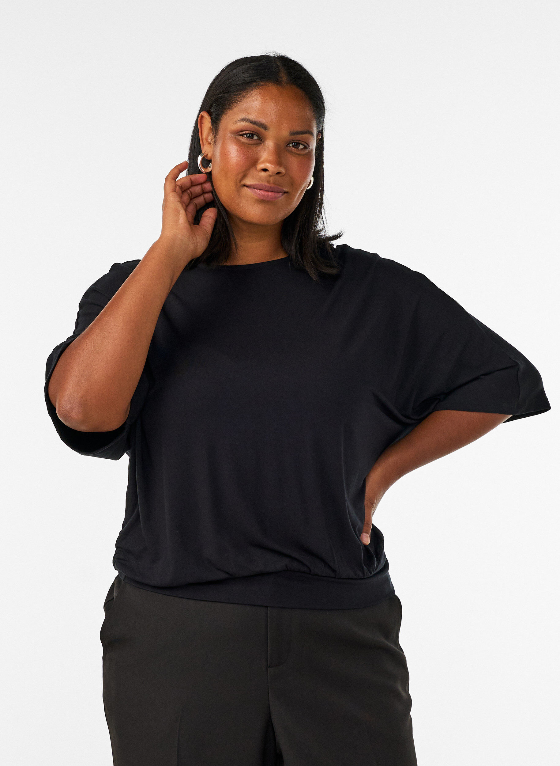 ZizzifashionJersey blouse with elbow-length balloon sleeves, Black, Model image number 0