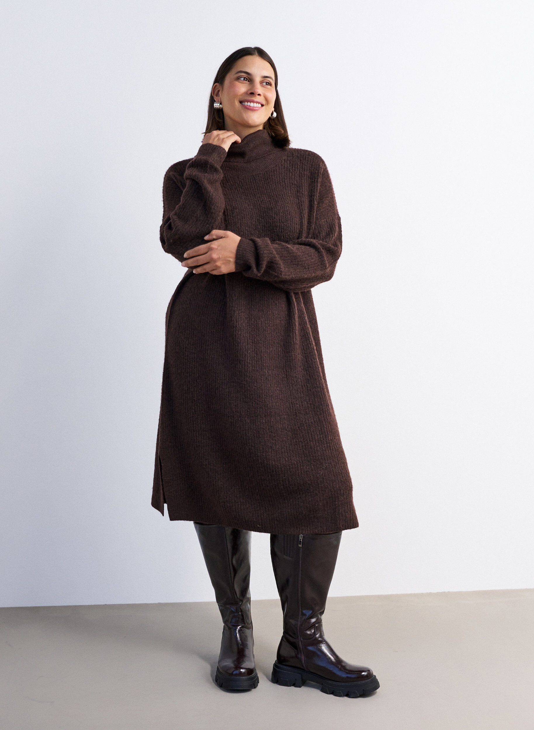 ZizzifashionKnitted dress with turtleneck, Brown, Model image number 1