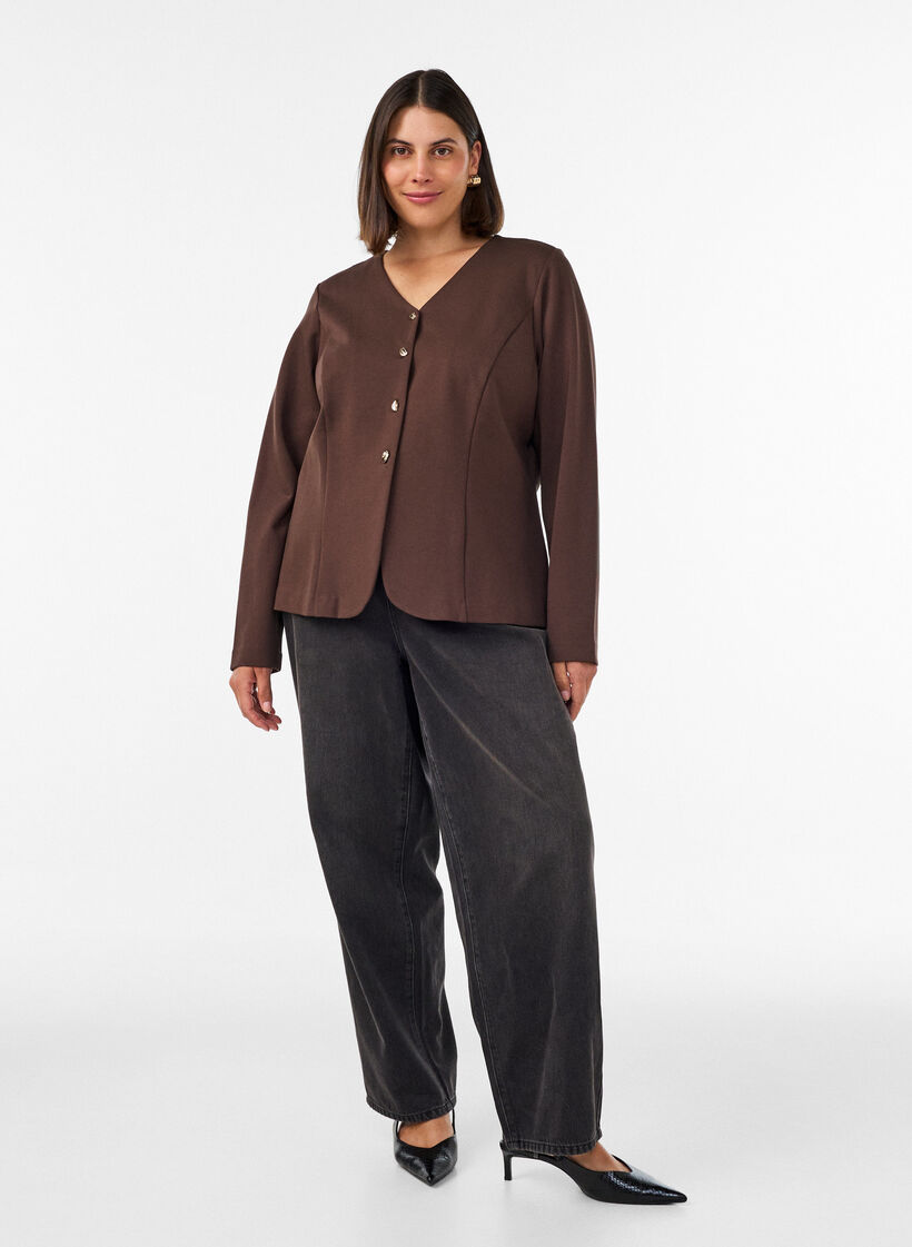 Fitted jersey cardigan with decorative buttons, Brown, Model image number 1
