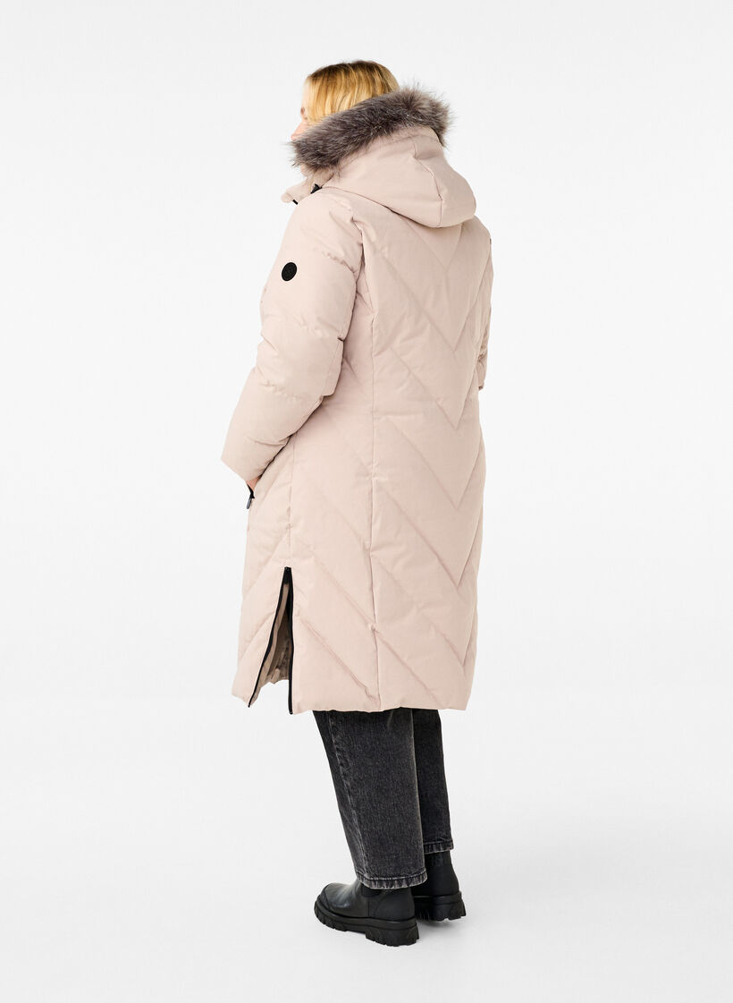 Long winter coat with hook fastenings and a faux fur collar, Beige, Model image number 2