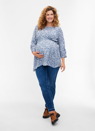 Maternity blouse in viscose and dot print, Blue Flower AOP, Model image number 3