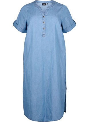 Denim dress with slit and short sleeves, Blue denim, Packshot image number 0