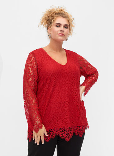 Long-sleeved lace blouse with v-neck, Tango Red, Model image number 0