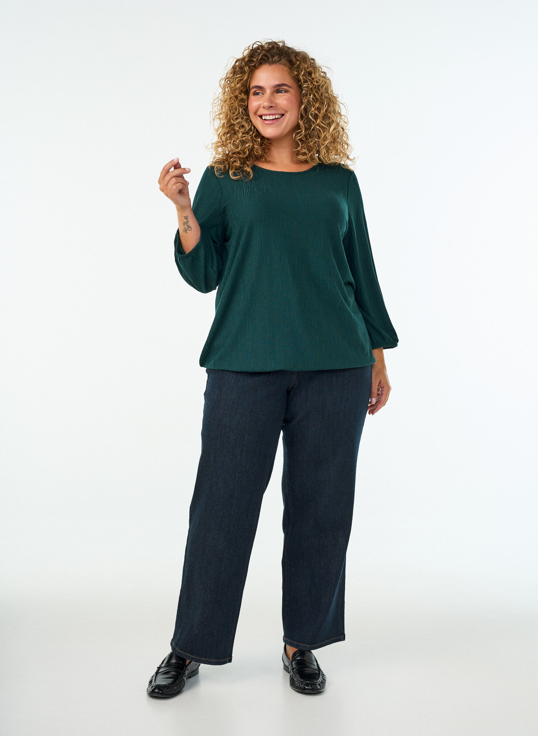 ZizzifashionBlouse with texture and 3/4 sleeves, Green, Model image number 1