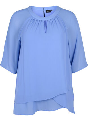 Chiffon blouse with 3/4 sleeves, Wedgewood, Packshot image number 0