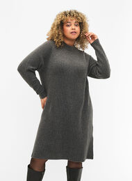 Ribbed Knit Dress with Turtleneck, Dark Grey Melange, Model