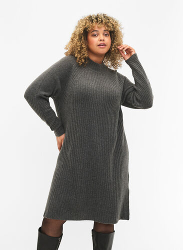 Ribbed Knit Dress with Turtleneck, Dark Grey Melange, Model image number 0