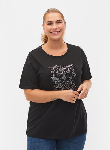T-shirt in organic cotton with studs, Black Owl, Model image number 0