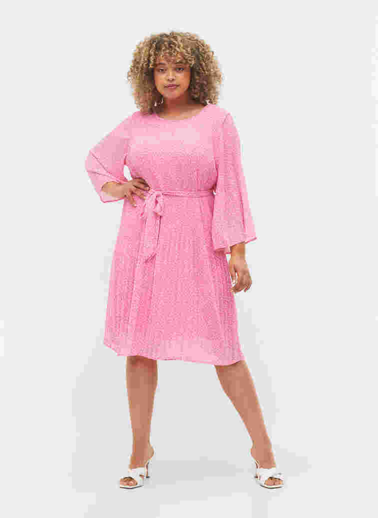 Pleated dress with tie belt, Pink Ditzy Flower, Model image number 2