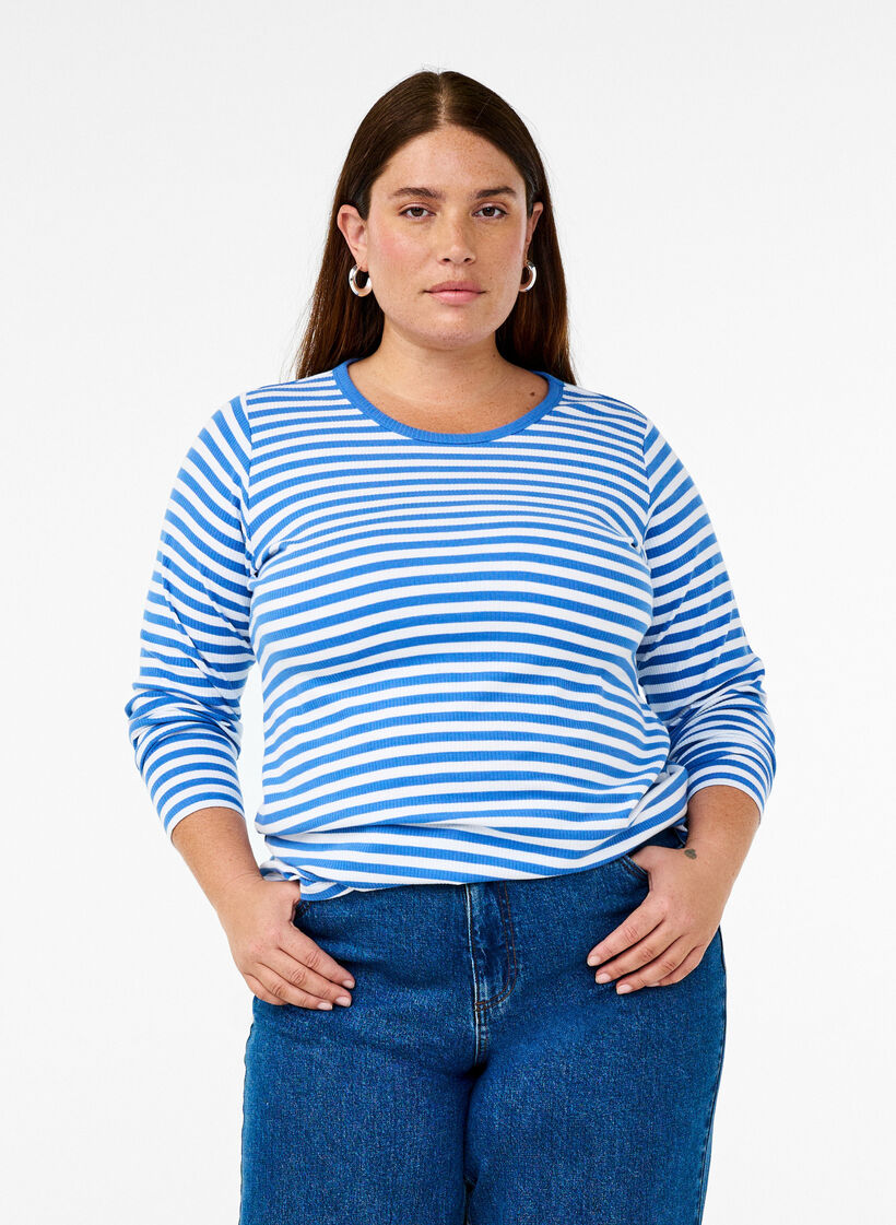 Striped blouse with long sleeves, Blue, Model image number 0