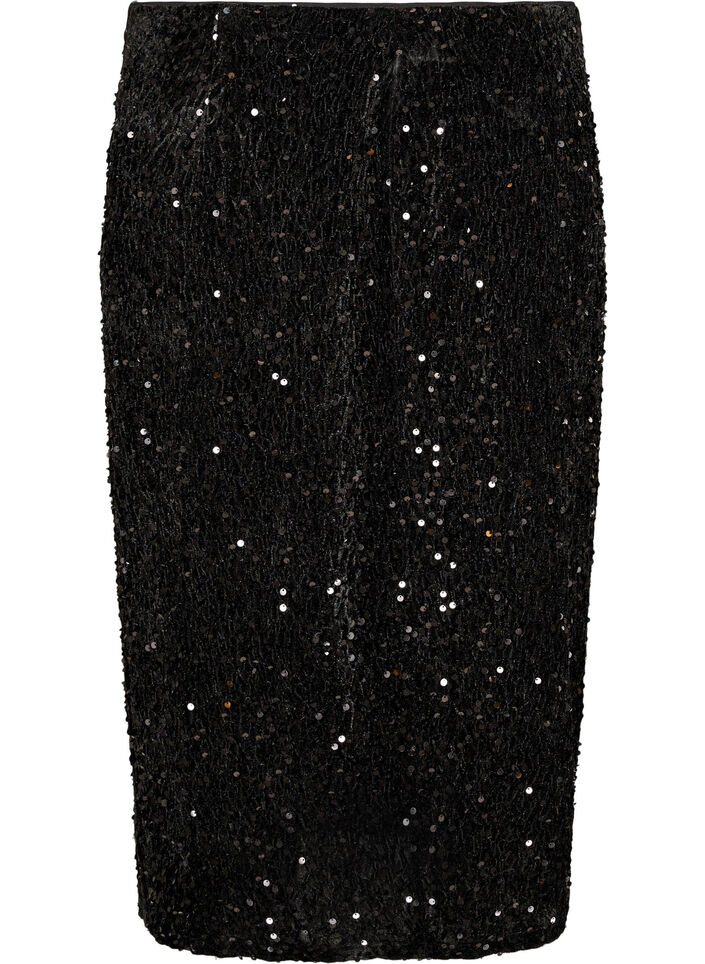 Midi skirt with sequins and slits, Black, Packshot image number 1