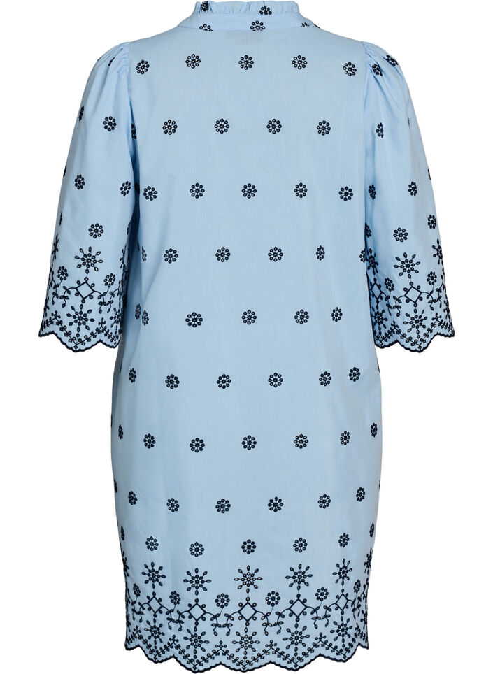 Short dress with an embroidered pattern and 3/4 sleeves, Blue, Packshot image number 1
