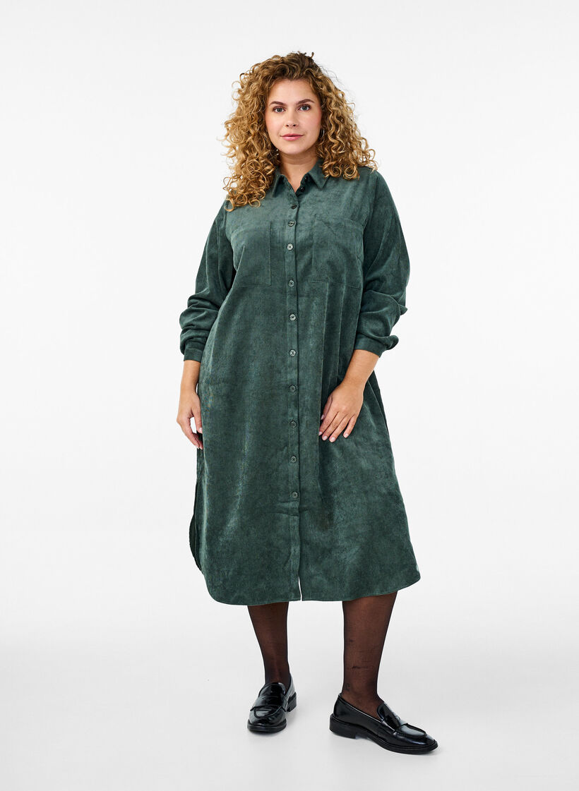 Long corduroy shirt dress with buttons, Dark Forest, Model image number 0