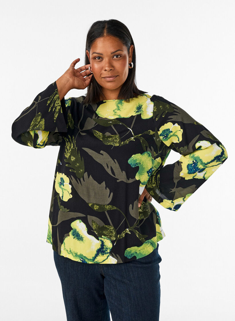Floral blouse with a boat neck and wide sleeves, Black, Model image number 0