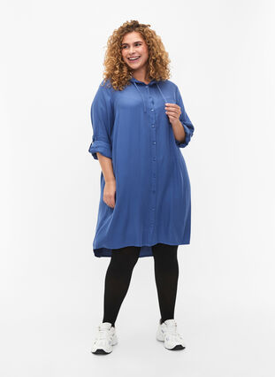 Shirt dress in viscose with hood and 3/4 sleeves, Moonlight Blue, Model image number 2