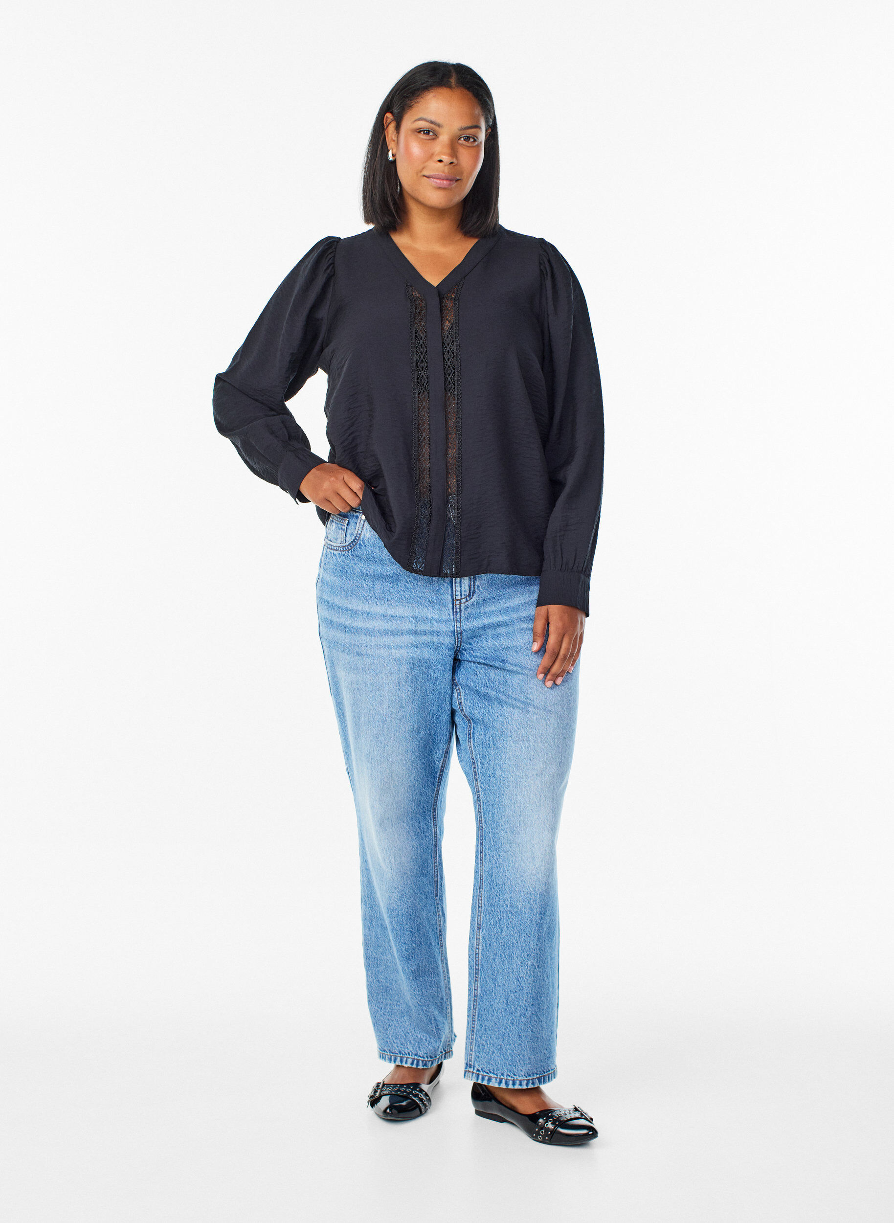 Zizzifashion Blouse with V-neck and embroidered bands, Black, Model image number 1