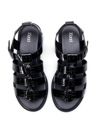 Wide fit sandal in shiny crocodile leather, Black, Packshot image number 2