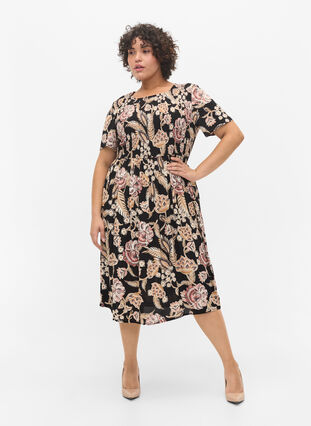 Printed viscose dress with smock, Paisley Flower, Model image number 2