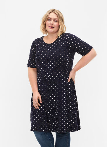 Solid cotton dress with short sleeves, Night Sky Dot, Model image number 0