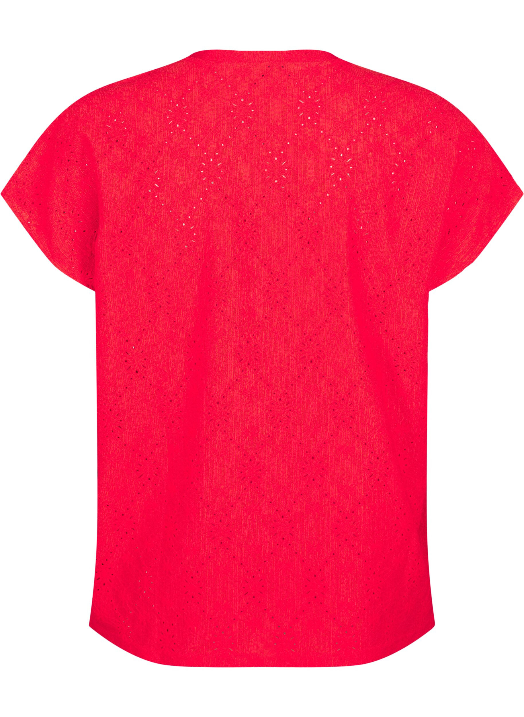 Zizzifashion Blouse with short sleeves and floral embroidery, Flame Scarlet, Packshot image number 1