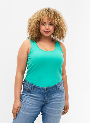 Solid color basic top in cotton, Aqua Green, Model image number 0