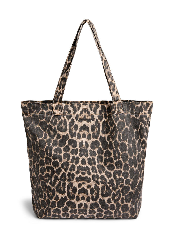 Denim shopping bag with leopard print, Brown, Packshot image number 1