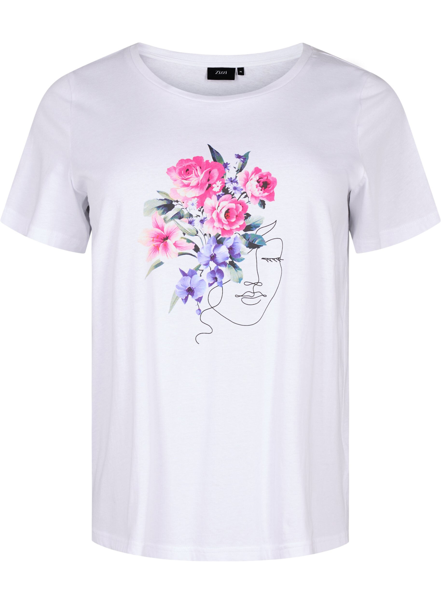 Zizzifashion Cotton T-shirt with flowers and portrait motif, B. White Face Flower, Packshot image number 0